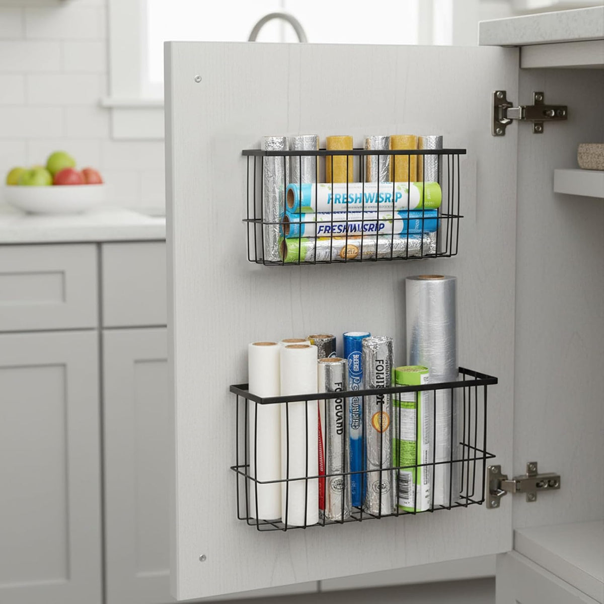 2 Pack Aluminum Foil and Plastic Wrap Organizer,Wall Mounted Cabinet Door Organizer,Kitchen Pantry Organizers and Storage,Wrapping Paper Shelf for Sandwich, Freezer, Ziplock Bag