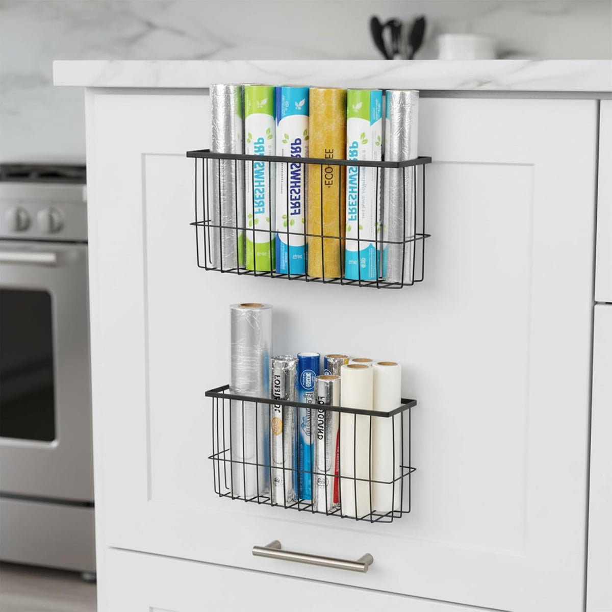 2 Pack Aluminum Foil and Plastic Wrap Organizer,Wall Mounted Cabinet Door Organizer,Kitchen Pantry Organizers and Storage,Wrapping Paper Shelf for Sandwich, Freezer, Ziplock Bag