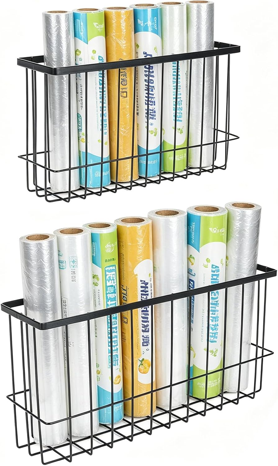 2 Pack Aluminum Foil and Plastic Wrap Organizer,Wall Mounted Cabinet Door Organizer,Kitchen Pantry Organizers and Storage,Wrapping Paper Shelf for Sandwich, Freezer, Ziplock Bag