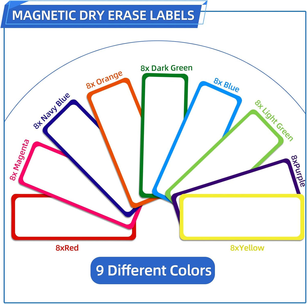72PCS Magnetic Dry Erase Labels, 3.2"x1.2" Reusable Colorful Name Plates, Waterproof Magnetic Label Stickers for Home, Office, School, Refrigerator, Locker, White Board (9 Colors)