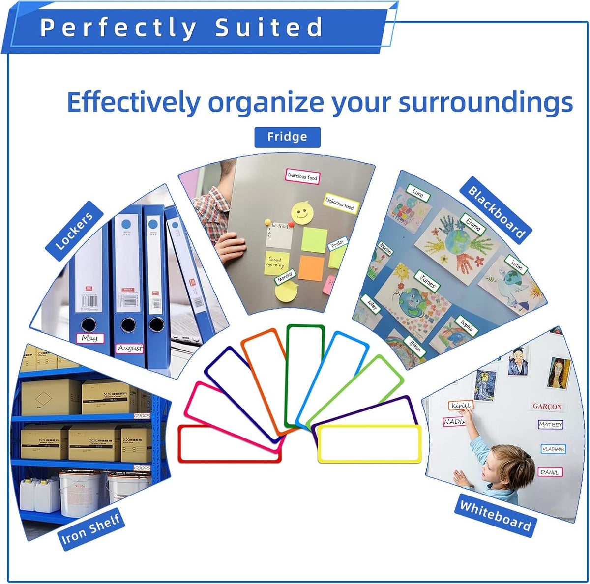 72PCS Magnetic Dry Erase Labels, 3.2"x1.2" Reusable Colorful Name Plates, Waterproof Magnetic Label Stickers for Home, Office, School, Refrigerator, Locker, White Board (9 Colors)