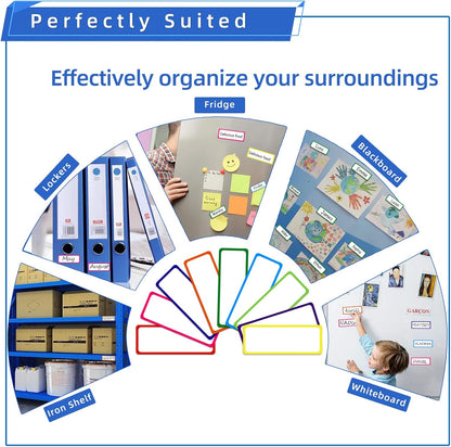 72PCS Magnetic Dry Erase Labels, 3.2"x1.2" Reusable Colorful Name Plates, Waterproof Magnetic Label Stickers for Home, Office, School, Refrigerator, Locker, White Board (9 Colors)