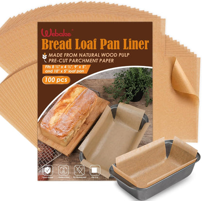 Unbleached Parchment Paper Loaf Pan Liners for Baking Bread 9"x5", 8.5''x4.5''&10''x5'', Original Precut, Non Toxic 100 Pcs Baking Paper