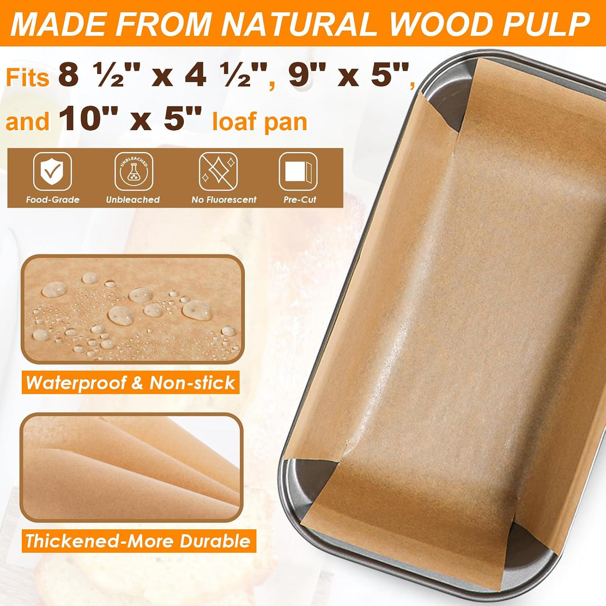 Unbleached Parchment Paper Loaf Pan Liners for Baking Bread 9"x5", 8.5''x4.5''&10''x5'', Original Precut, Non Toxic 100 Pcs Baking Paper