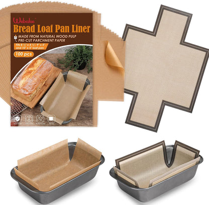 Unbleached Parchment Paper Loaf Pan Liners for Baking Bread 9"x5", 8.5''x4.5''&10''x5'', Original Precut, Non Toxic 100 Pcs Baking Paper