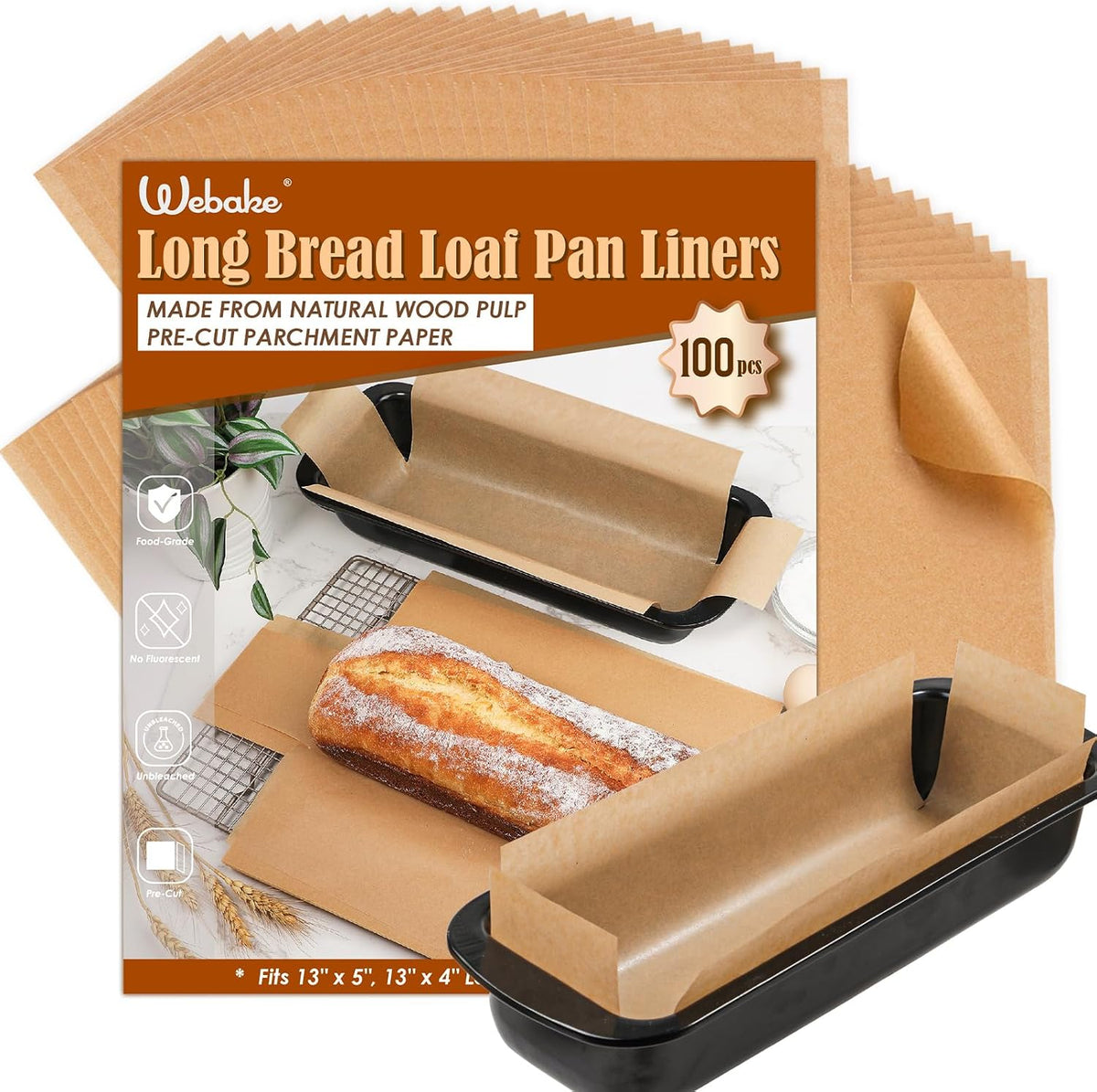 Unbleached Parchment Paper Loaf Pan Liners for Baking Bread 9"x5", 8.5''x4.5''&10''x5'', Original Precut, Non Toxic 100 Pcs Baking Paper