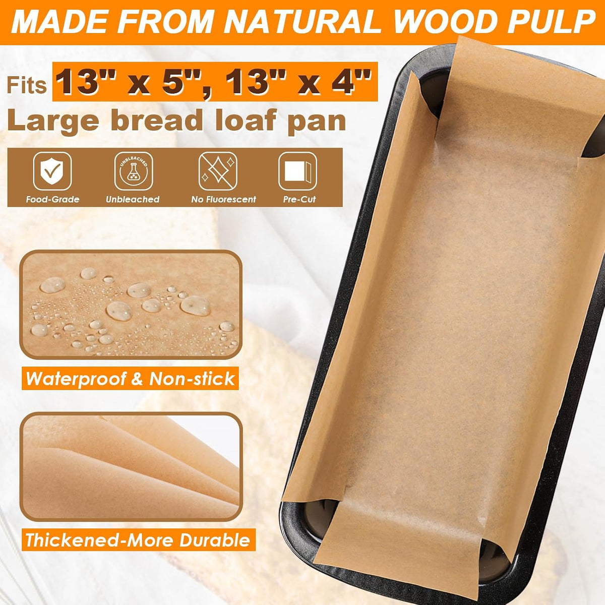 Unbleached Parchment Paper Loaf Pan Liners for Baking Bread 9"x5", 8.5''x4.5''&10''x5'', Original Precut, Non Toxic 100 Pcs Baking Paper