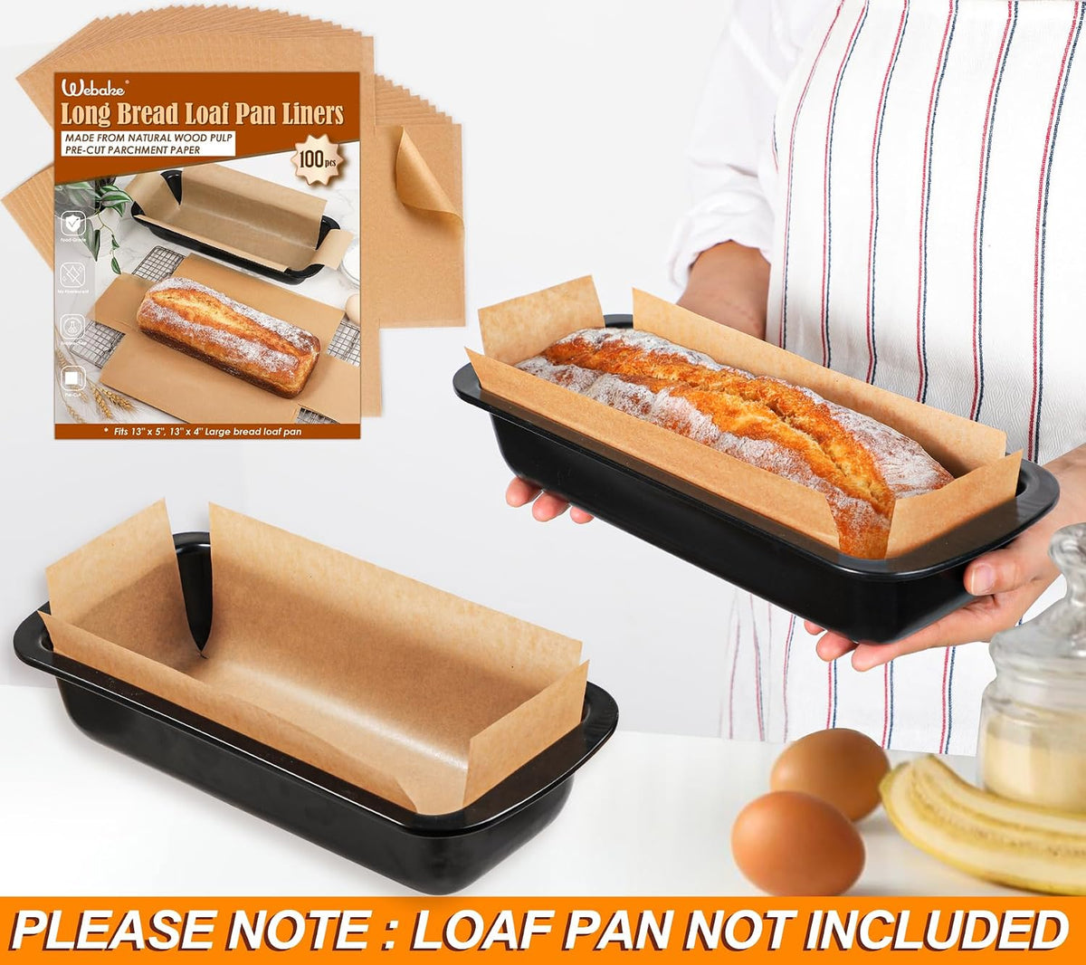 Unbleached Parchment Paper Loaf Pan Liners for Baking Bread 9"x5", 8.5''x4.5''&10''x5'', Original Precut, Non Toxic 100 Pcs Baking Paper
