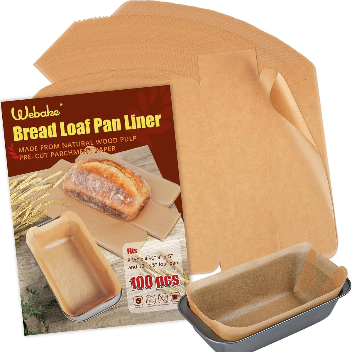 Unbleached Parchment Paper Loaf Pan Liners for Baking Bread 9"x5", 8.5''x4.5''&10''x5'', Original Precut, Non Toxic 100 Pcs Baking Paper