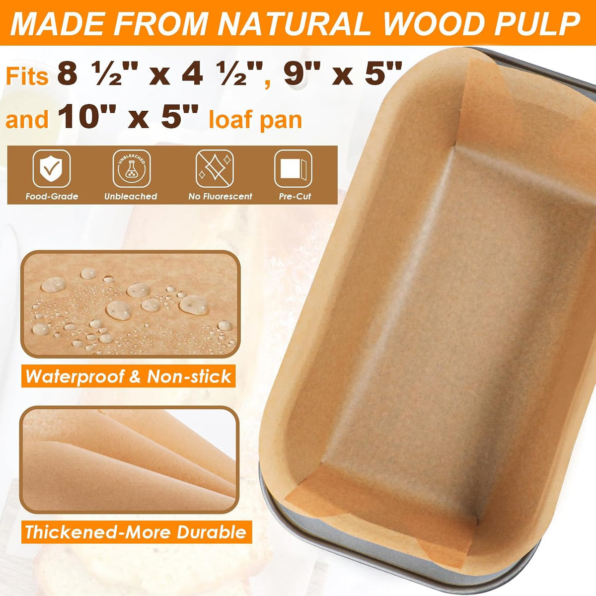 Unbleached Parchment Paper Loaf Pan Liners for Baking Bread 9"x5", 8.5''x4.5''&10''x5'', Original Precut, Non Toxic 100 Pcs Baking Paper
