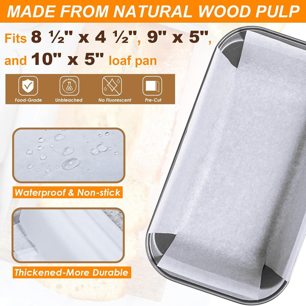 Unbleached Parchment Paper Loaf Pan Liners for Baking Bread 9"x5", 8.5''x4.5''&10''x5'', Original Precut, Non Toxic 100 Pcs Baking Paper