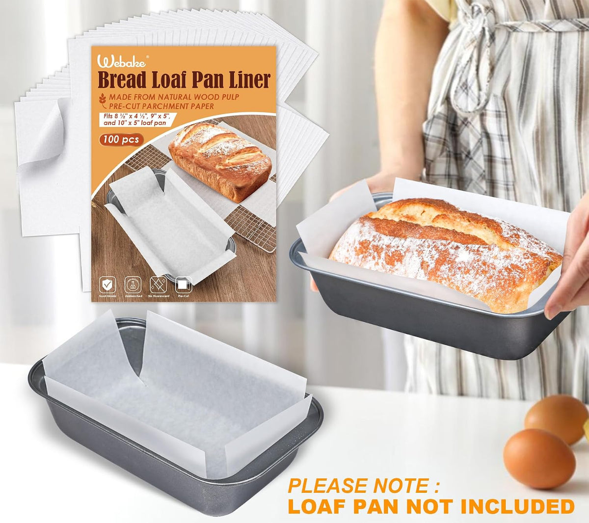 Unbleached Parchment Paper Loaf Pan Liners for Baking Bread 9"x5", 8.5''x4.5''&10''x5'', Original Precut, Non Toxic 100 Pcs Baking Paper