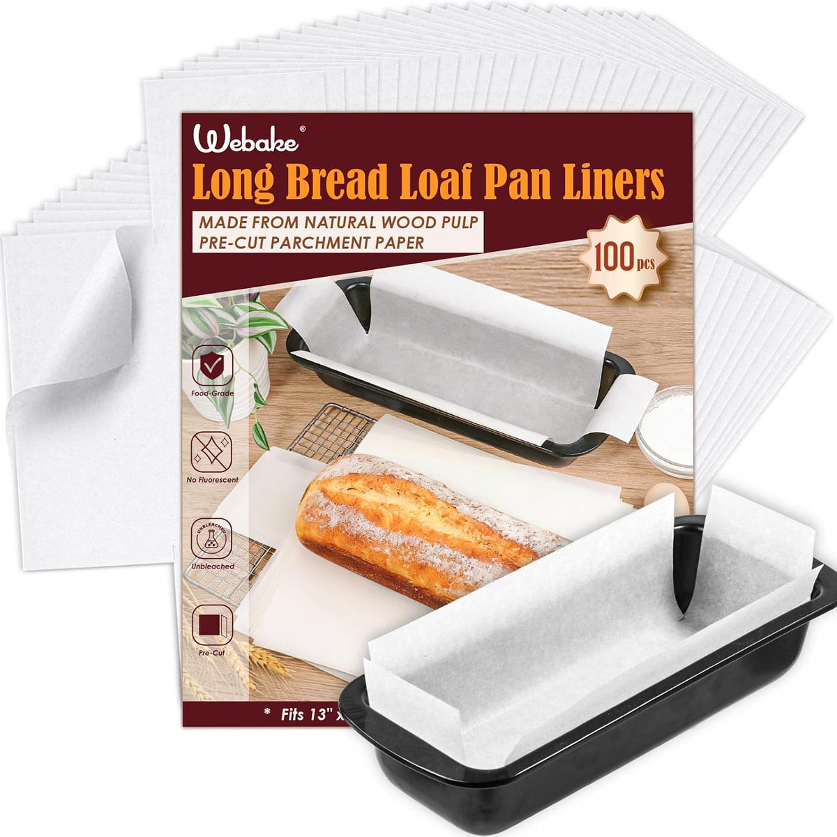 Unbleached Parchment Paper Loaf Pan Liners for Baking Bread 9"x5", 8.5''x4.5''&10''x5'', Original Precut, Non Toxic 100 Pcs Baking Paper