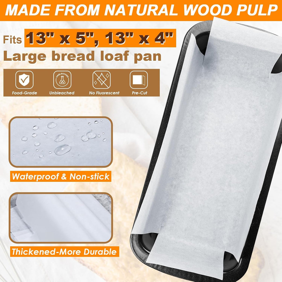 Unbleached Parchment Paper Loaf Pan Liners for Baking Bread 9"x5", 8.5''x4.5''&10''x5'', Original Precut, Non Toxic 100 Pcs Baking Paper