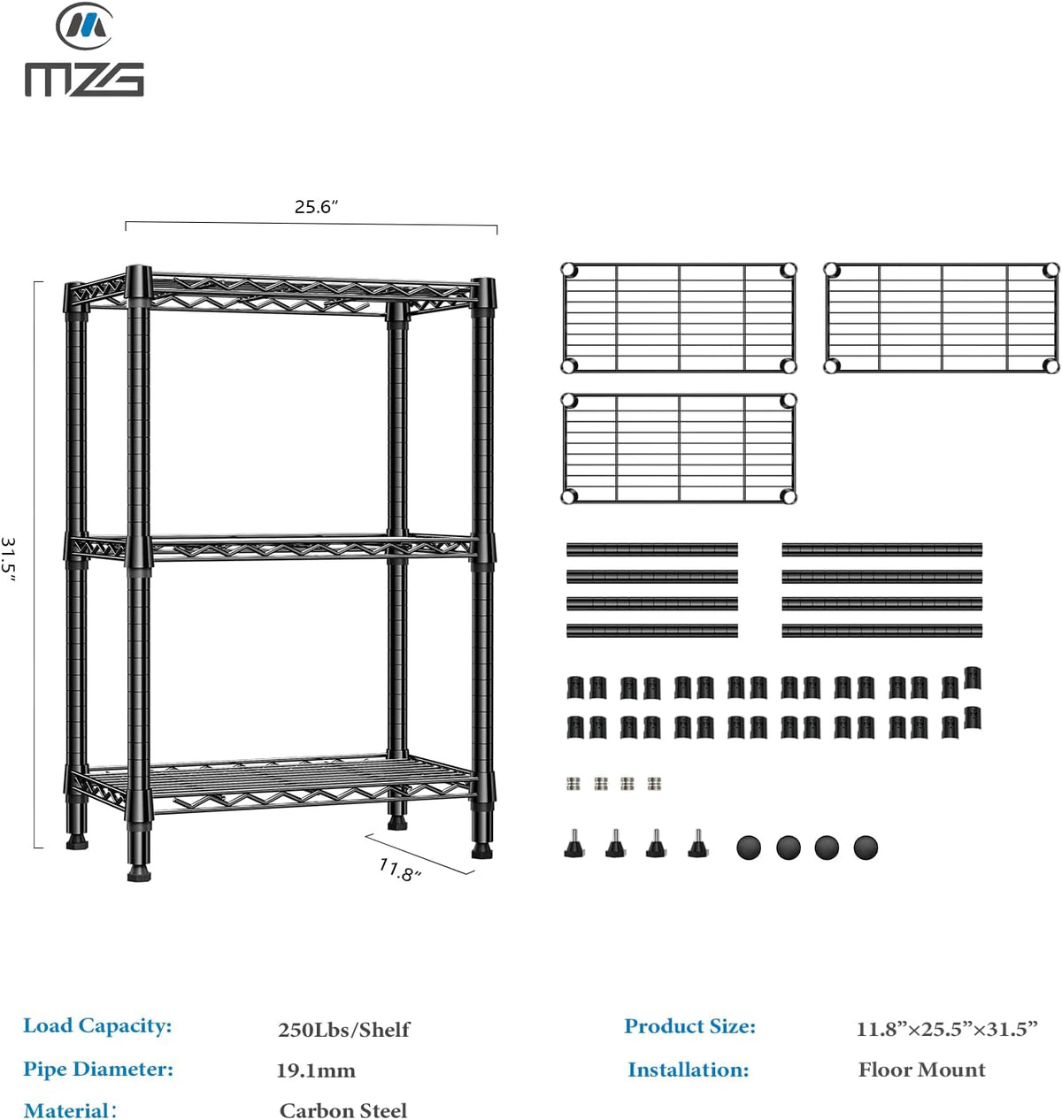 M MZG 1750 LBS Storage Shelves 5-Tier Utility Shelving Unit Steel Organizer Wire Rack for Home,Kitchen,Office,Garage, Capacity 17.7" D x 47.2" W x 72.3" H - Colors B