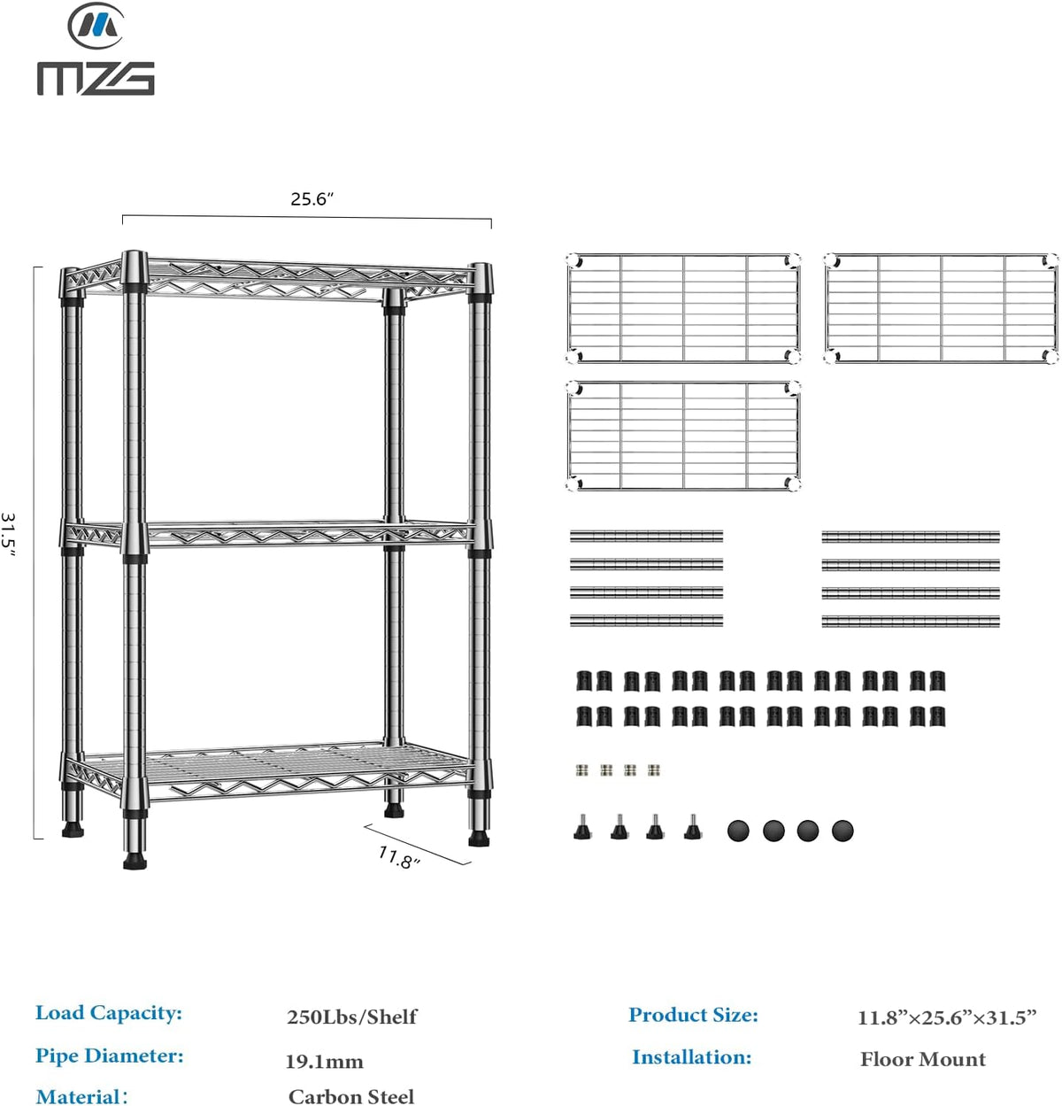 M MZG 1750 LBS Storage Shelves 5-Tier Utility Shelving Unit Steel Organizer Wire Rack for Home,Kitchen,Office,Garage, Capacity 17.7" D x 47.2" W x 72.3" H - Colors B