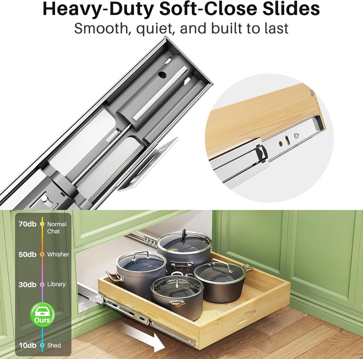 Pull Out Cabinet Organizer, Soft Close Wooden Slide Out Drawers for Pots and Pans, Full-extension Roll Out Shelves for Kitchen Cabinets, Pantry Organization, Bottom & Side Mount(15"W X 21"D x 3.4''H)