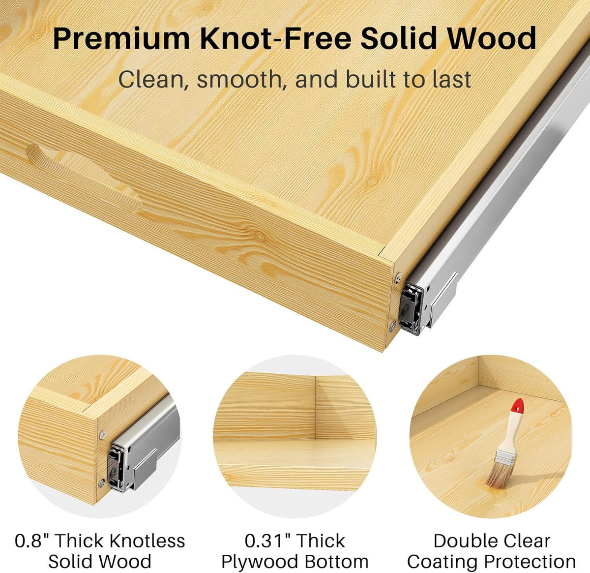Pull Out Cabinet Organizer, Soft Close Wooden Slide Out Drawers for Pots and Pans, Full-extension Roll Out Shelves for Kitchen Cabinets, Pantry Organization, Bottom & Side Mount(15"W X 21"D x 3.4''H)