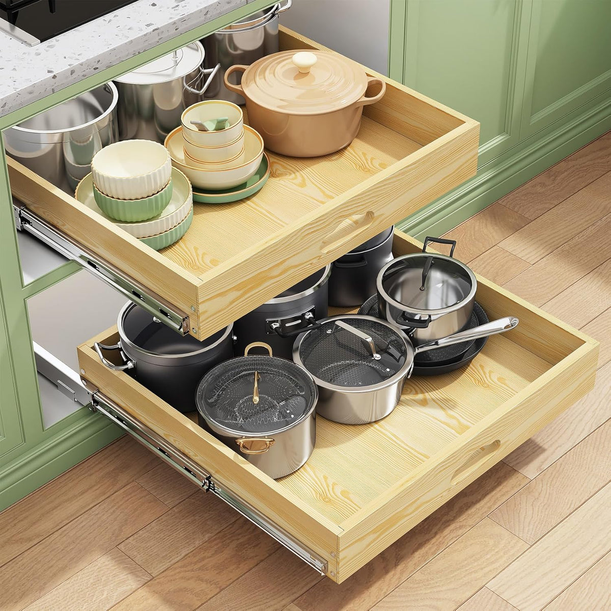 Pull Out Cabinet Organizer, Soft Close Wooden Slide Out Drawers for Pots and Pans, Full-extension Roll Out Shelves for Kitchen Cabinets, Pantry Organization, Bottom & Side Mount(15"W X 21"D x 3.4''H)
