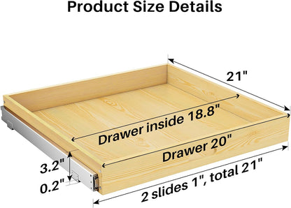 Pull Out Cabinet Organizer, Soft Close Wooden Slide Out Drawers for Pots and Pans, Full-extension Roll Out Shelves for Kitchen Cabinets, Pantry Organization, Bottom & Side Mount(15"W X 21"D x 3.4''H)