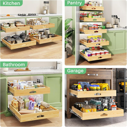 Pull Out Cabinet Organizer, Soft Close Wooden Slide Out Drawers for Pots and Pans, Full-extension Roll Out Shelves for Kitchen Cabinets, Pantry Organization, Bottom & Side Mount(15"W X 21"D x 3.4''H)