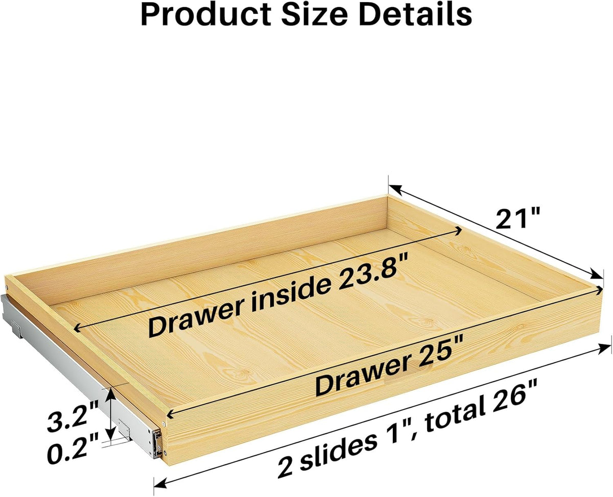 Pull Out Cabinet Organizer, Soft Close Wooden Slide Out Drawers for Pots and Pans, Full-extension Roll Out Shelves for Kitchen Cabinets, Pantry Organization, Bottom & Side Mount(15"W X 21"D x 3.4''H)