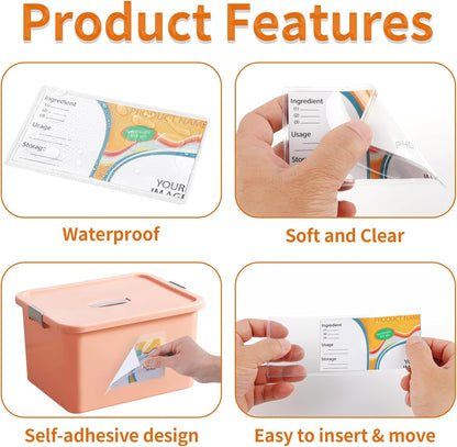 44 Pcs Storage Bin Labels, 3×5 in Index Card Holder, Clear Adhesive Pockets | Strong Adhesive, Waterproof & Clear, Removable with No Residue, for Tote Bin Box Drawer, Library Classroom Organization