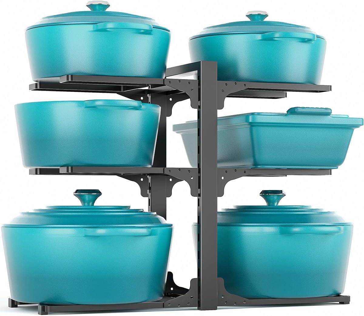 8-Tier Heavy Duty Pots and Pans Organizer under Cabinet, Black | Adjustable 15.83" H pot rack, pan organizer Holds big stockpots, Cast Iron Skillet and cookware for use inside cabinets