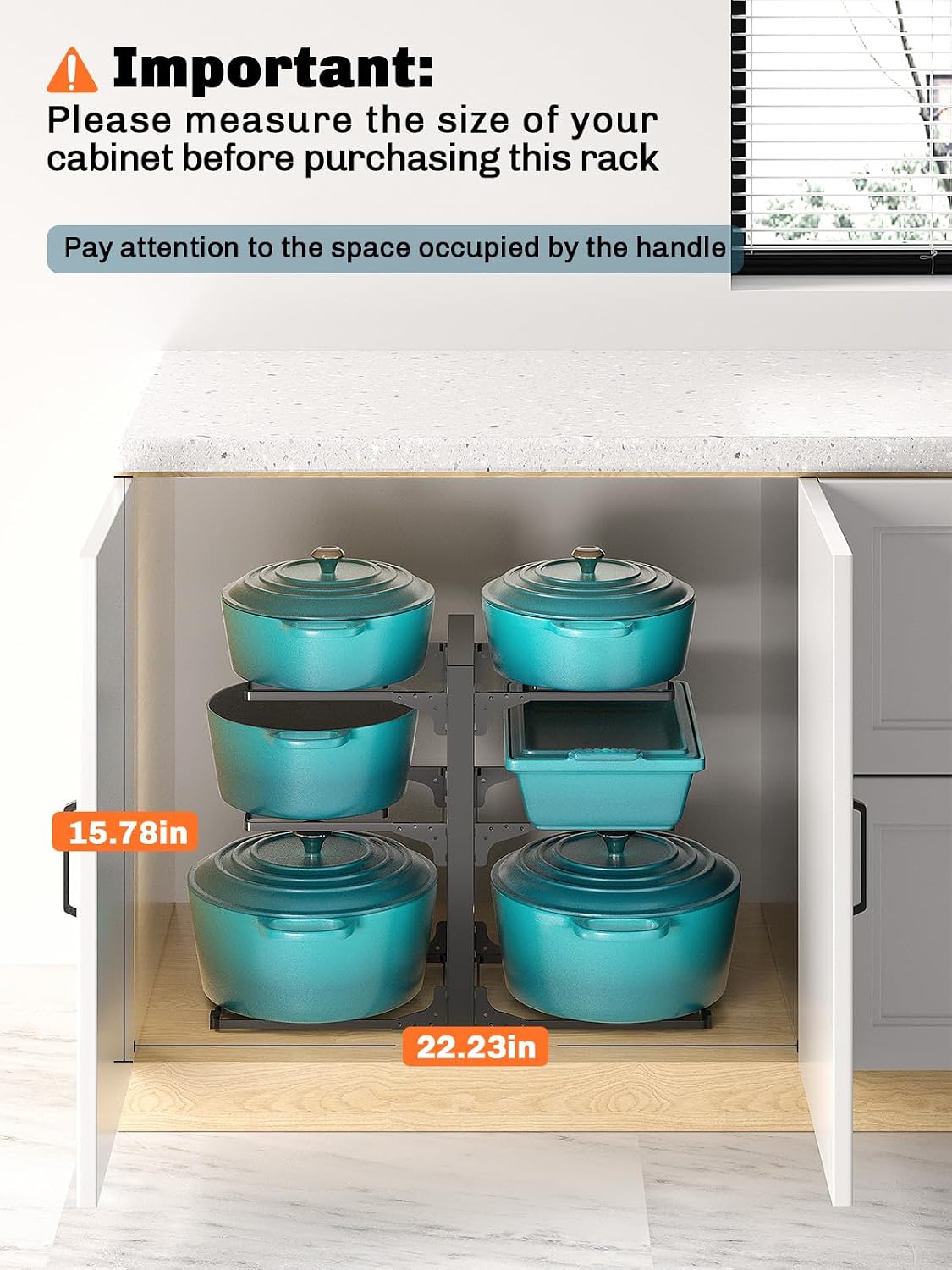 8-Tier Heavy Duty Pots and Pans Organizer under Cabinet, Black | Adjustable 15.83" H pot rack, pan organizer Holds big stockpots, Cast Iron Skillet and cookware for use inside cabinets