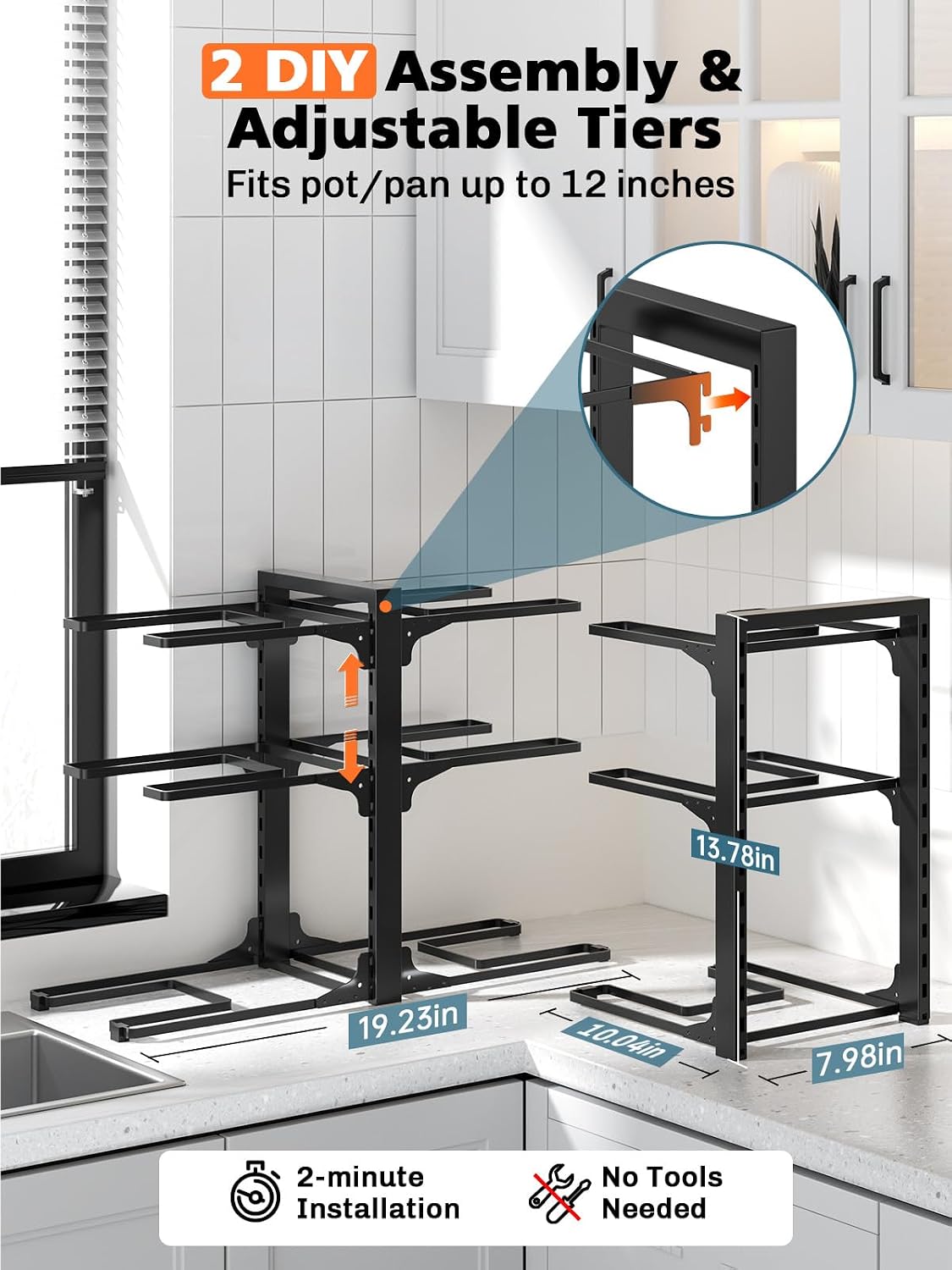 8-Tier Heavy Duty Pots and Pans Organizer under Cabinet, Black | Adjustable 15.83" H pot rack, pan organizer Holds big stockpots, Cast Iron Skillet and cookware for use inside cabinets