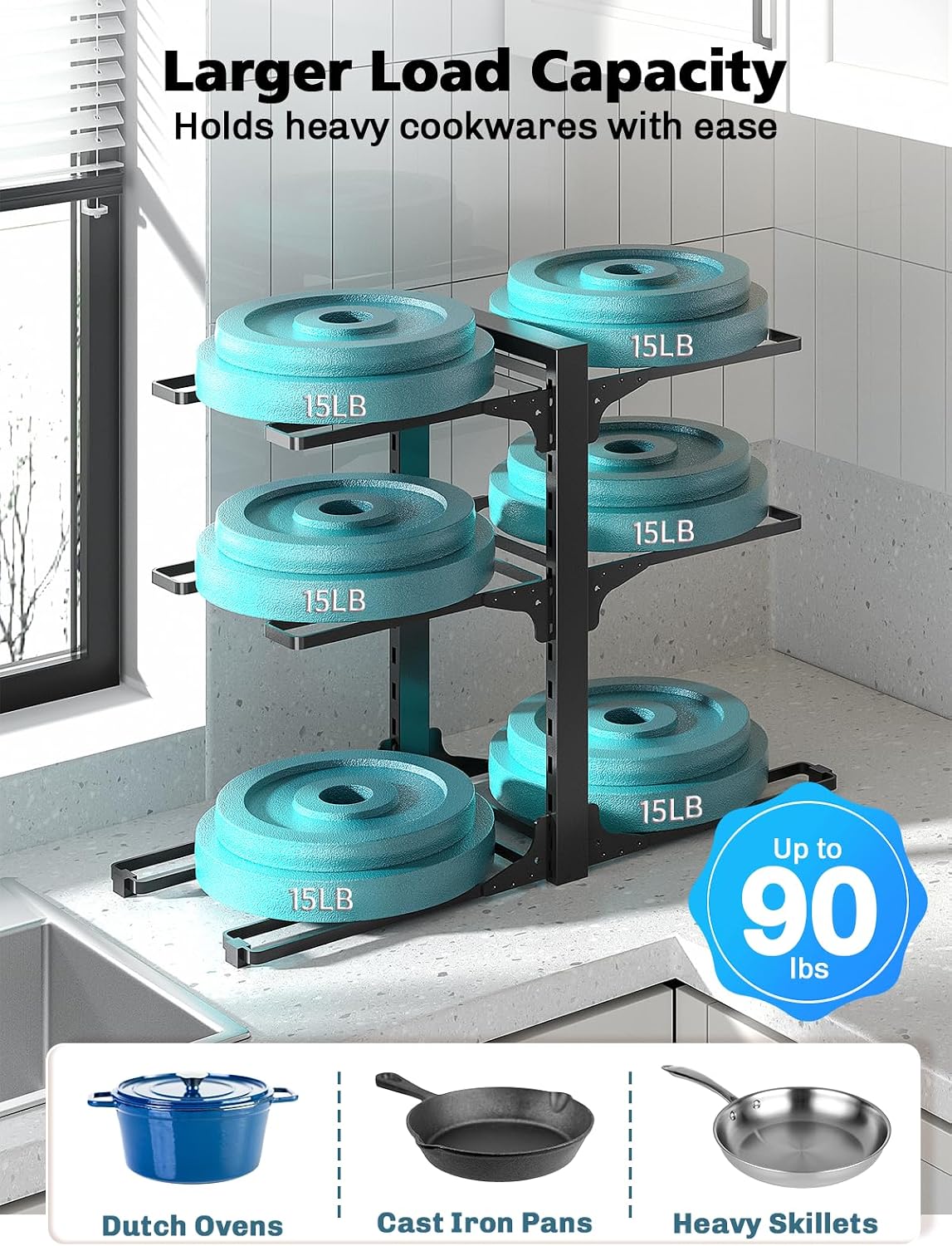 8-Tier Heavy Duty Pots and Pans Organizer under Cabinet, Black | Adjustable 15.83" H pot rack, pan organizer Holds big stockpots, Cast Iron Skillet and cookware for use inside cabinets