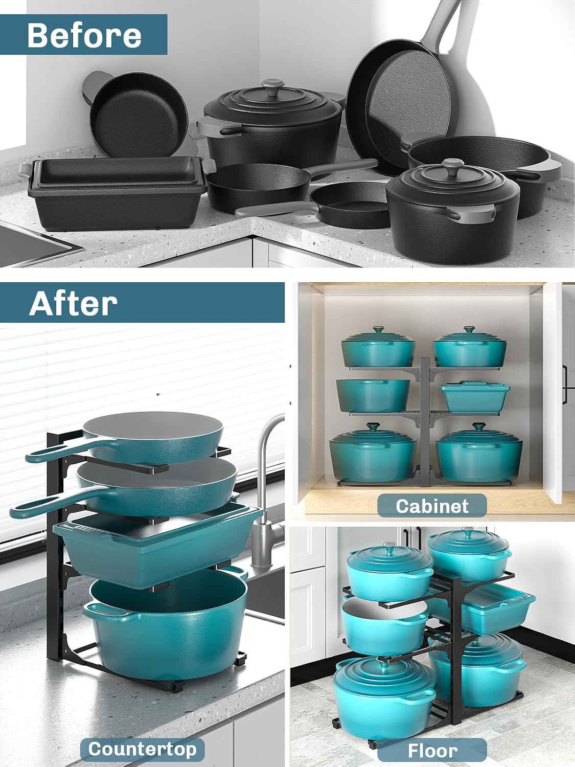 8-Tier Heavy Duty Pots and Pans Organizer under Cabinet, Black | Adjustable 15.83" H pot rack, pan organizer Holds big stockpots, Cast Iron Skillet and cookware for use inside cabinets