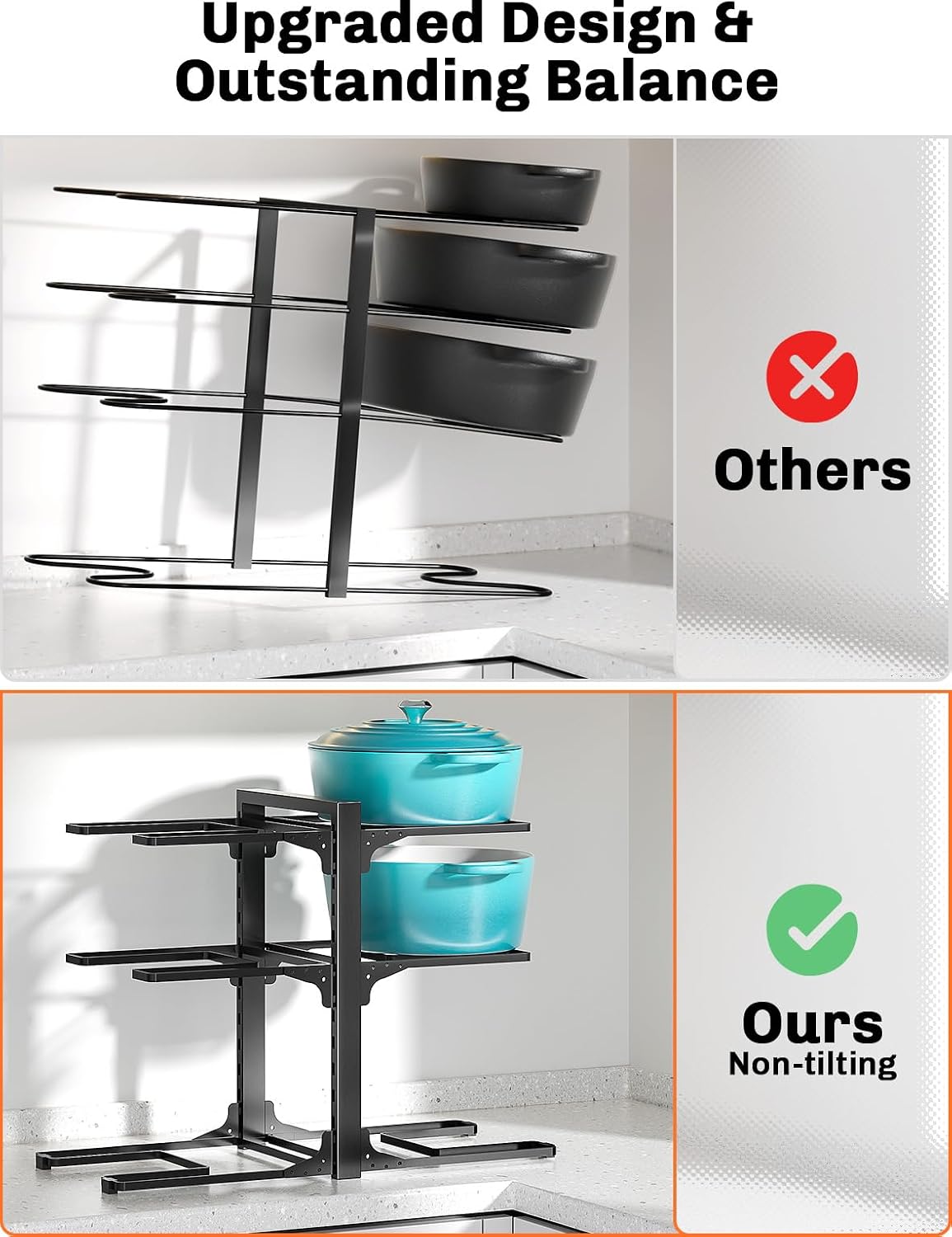 8-Tier Heavy Duty Pots and Pans Organizer under Cabinet, Black | Adjustable 15.83" H pot rack, pan organizer Holds big stockpots, Cast Iron Skillet and cookware for use inside cabinets