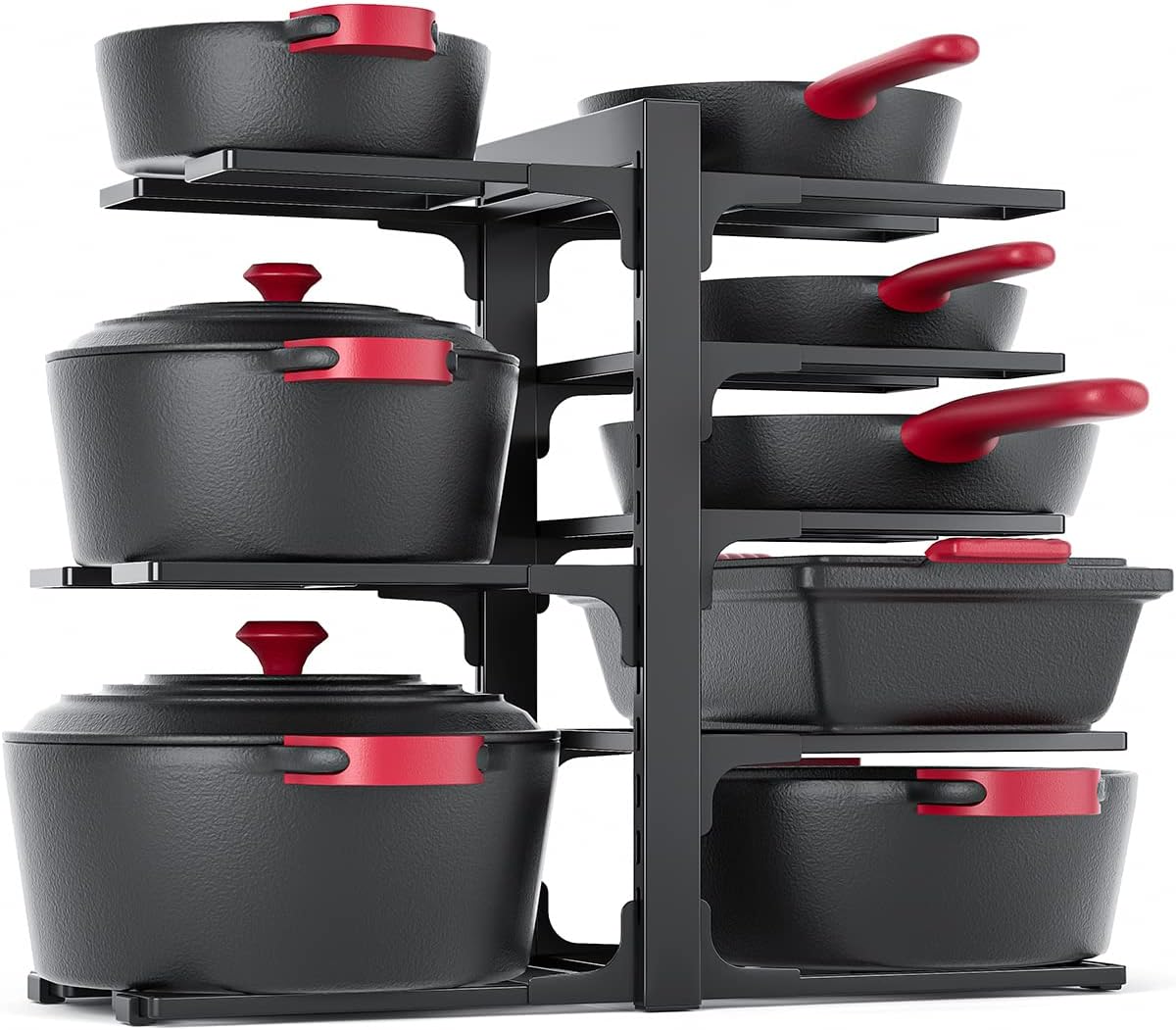 8-Tier Heavy Duty Pots and Pans Organizer under Cabinet, Black | Adjustable 15.83" H pot rack, pan organizer Holds big stockpots, Cast Iron Skillet and cookware for use inside cabinets