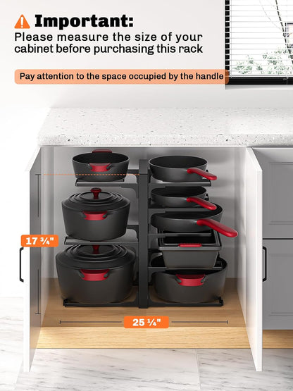 8-Tier Heavy Duty Pots and Pans Organizer under Cabinet, Black | Adjustable 15.83" H pot rack, pan organizer Holds big stockpots, Cast Iron Skillet and cookware for use inside cabinets
