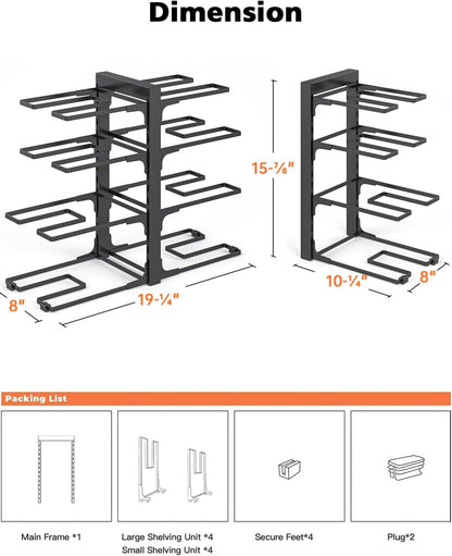 8-Tier Heavy Duty Pots and Pans Organizer under Cabinet, Black | Adjustable 15.83" H pot rack, pan organizer Holds big stockpots, Cast Iron Skillet and cookware for use inside cabinets