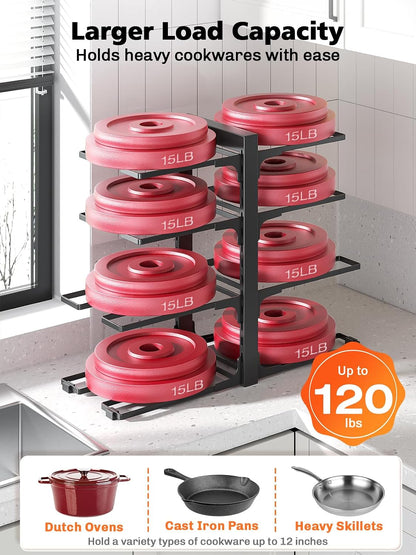 8-Tier Heavy Duty Pots and Pans Organizer under Cabinet, Black | Adjustable 15.83" H pot rack, pan organizer Holds big stockpots, Cast Iron Skillet and cookware for use inside cabinets