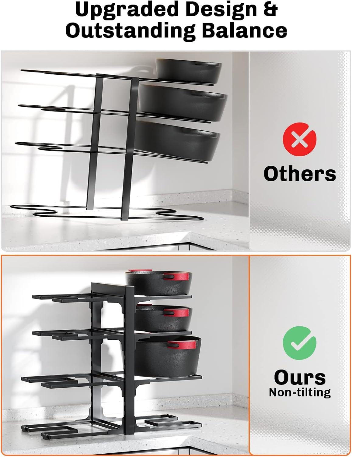 8-Tier Heavy Duty Pots and Pans Organizer under Cabinet, Black | Adjustable 15.83" H pot rack, pan organizer Holds big stockpots, Cast Iron Skillet and cookware for use inside cabinets