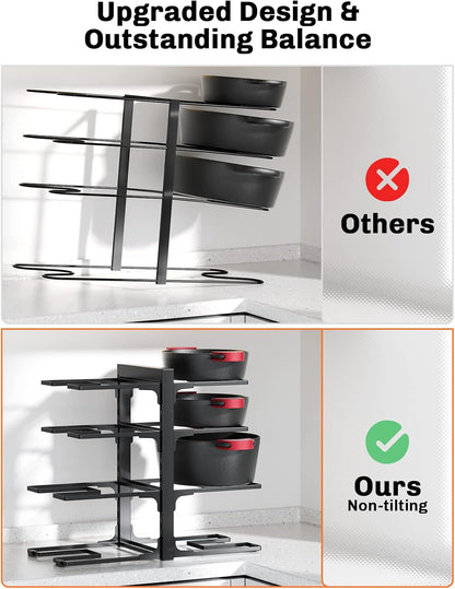 8-Tier Heavy Duty Pots and Pans Organizer under Cabinet, Black | Adjustable 15.83" H pot rack, pan organizer Holds big stockpots, Cast Iron Skillet and cookware for use inside cabinets