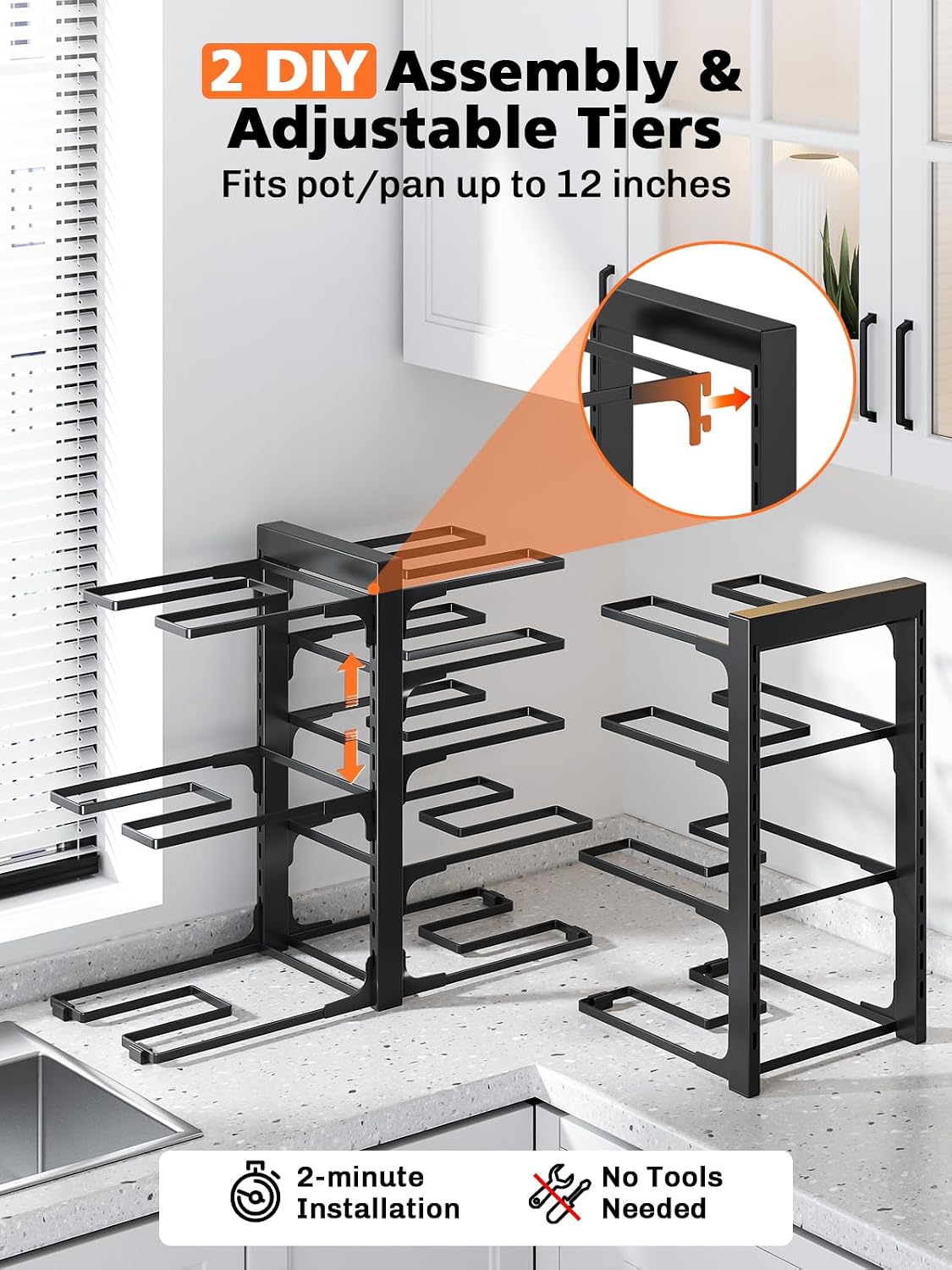 8-Tier Heavy Duty Pots and Pans Organizer under Cabinet, Black | Adjustable 15.83" H pot rack, pan organizer Holds big stockpots, Cast Iron Skillet and cookware for use inside cabinets