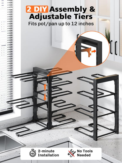 8-Tier Heavy Duty Pots and Pans Organizer under Cabinet, Black | Adjustable 15.83" H pot rack, pan organizer Holds big stockpots, Cast Iron Skillet and cookware for use inside cabinets