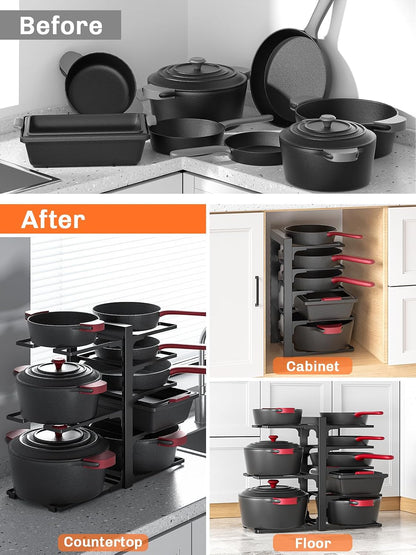 8-Tier Heavy Duty Pots and Pans Organizer under Cabinet, Black | Adjustable 15.83" H pot rack, pan organizer Holds big stockpots, Cast Iron Skillet and cookware for use inside cabinets