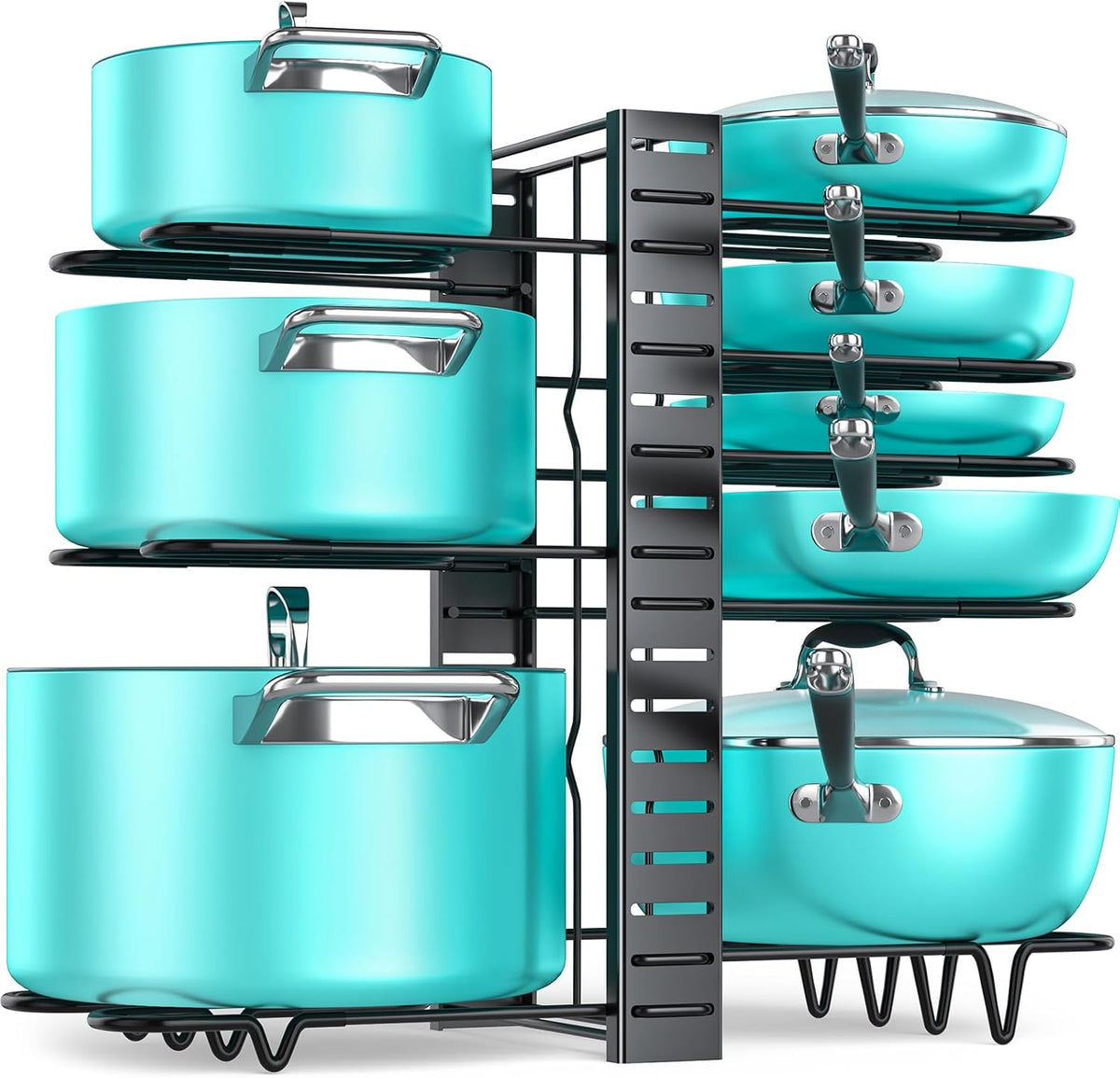 8-Tier Heavy Duty Pots and Pans Organizer under Cabinet, Black | Adjustable 15.83" H pot rack, pan organizer Holds big stockpots, Cast Iron Skillet and cookware for use inside cabinets