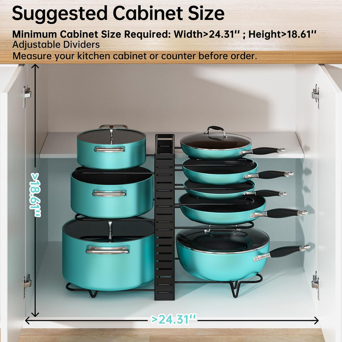 8-Tier Heavy Duty Pots and Pans Organizer under Cabinet, Black | Adjustable 15.83" H pot rack, pan organizer Holds big stockpots, Cast Iron Skillet and cookware for use inside cabinets
