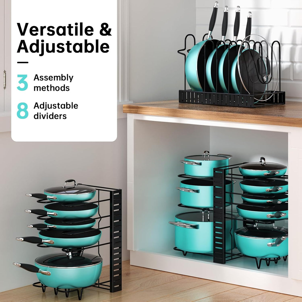 8-Tier Heavy Duty Pots and Pans Organizer under Cabinet, Black | Adjustable 15.83" H pot rack, pan organizer Holds big stockpots, Cast Iron Skillet and cookware for use inside cabinets