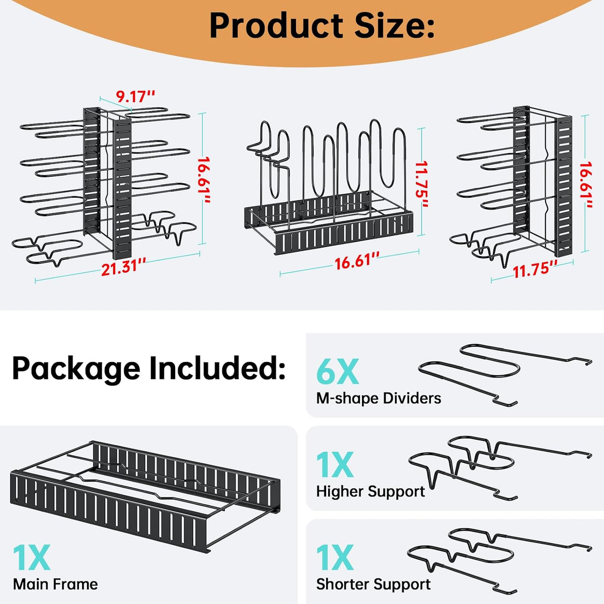 8-Tier Heavy Duty Pots and Pans Organizer under Cabinet, Black | Adjustable 15.83" H pot rack, pan organizer Holds big stockpots, Cast Iron Skillet and cookware for use inside cabinets