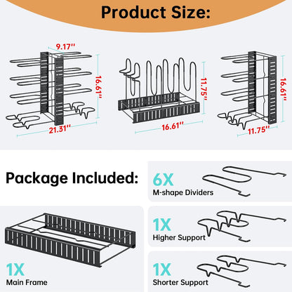 8-Tier Heavy Duty Pots and Pans Organizer under Cabinet, Black | Adjustable 15.83" H pot rack, pan organizer Holds big stockpots, Cast Iron Skillet and cookware for use inside cabinets