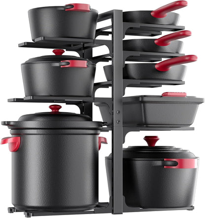 8-Tier Heavy Duty Pots and Pans Organizer under Cabinet, Black | Adjustable 15.83" H pot rack, pan organizer Holds big stockpots, Cast Iron Skillet and cookware for use inside cabinets