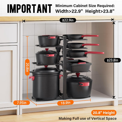 8-Tier Heavy Duty Pots and Pans Organizer under Cabinet, Black | Adjustable 15.83" H pot rack, pan organizer Holds big stockpots, Cast Iron Skillet and cookware for use inside cabinets