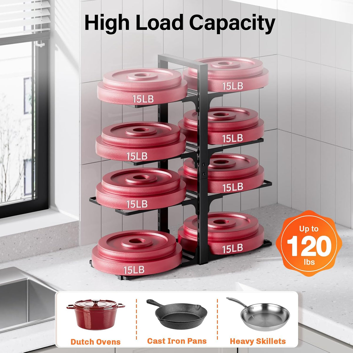 8-Tier Heavy Duty Pots and Pans Organizer under Cabinet, Black | Adjustable 15.83" H pot rack, pan organizer Holds big stockpots, Cast Iron Skillet and cookware for use inside cabinets